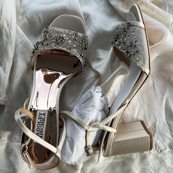 Badgley Mischka Blaine Ivory Satin Beaded Mesh Dress Sandals - Picture 8 of 13